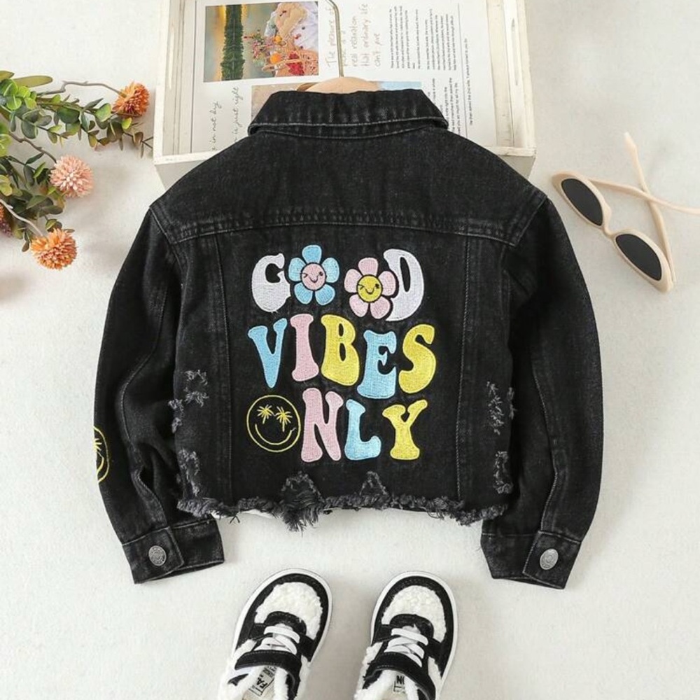 Kids Black Denim Jacket with Colorful Print